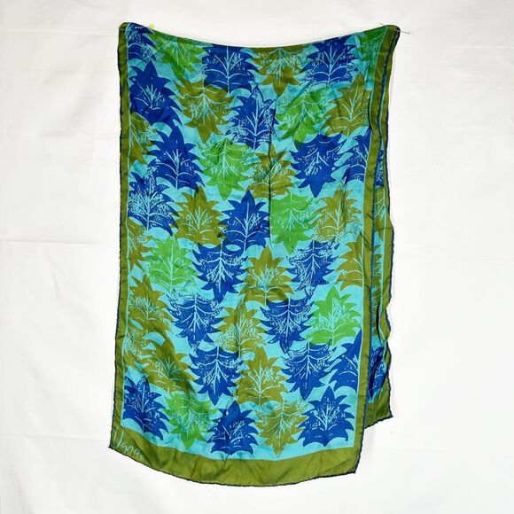 Silk Scarf by VERA Blue Green Botanical Leaf Print Rectangle Hand Rolled Edges - Picture 4 of 5